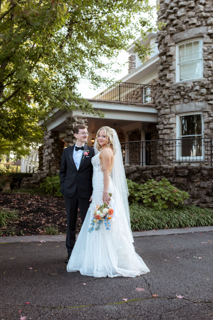 Bride and groom share an intimate moment during golden hour at Haseltine Estate in Springfield, Missouri