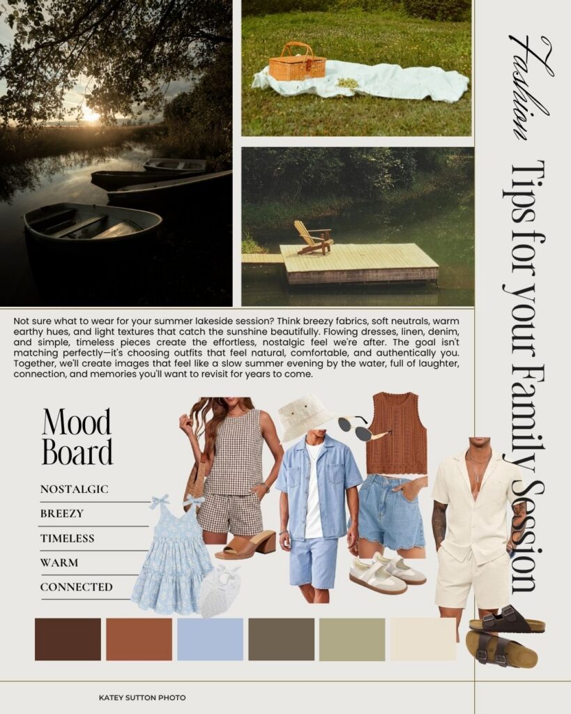 Lakeside family photo session mood board by Katey Sutton Photo featuring warm earthy tones, dusty blue, linen and denim outfits for a nostalgic summer session in Springfield MO